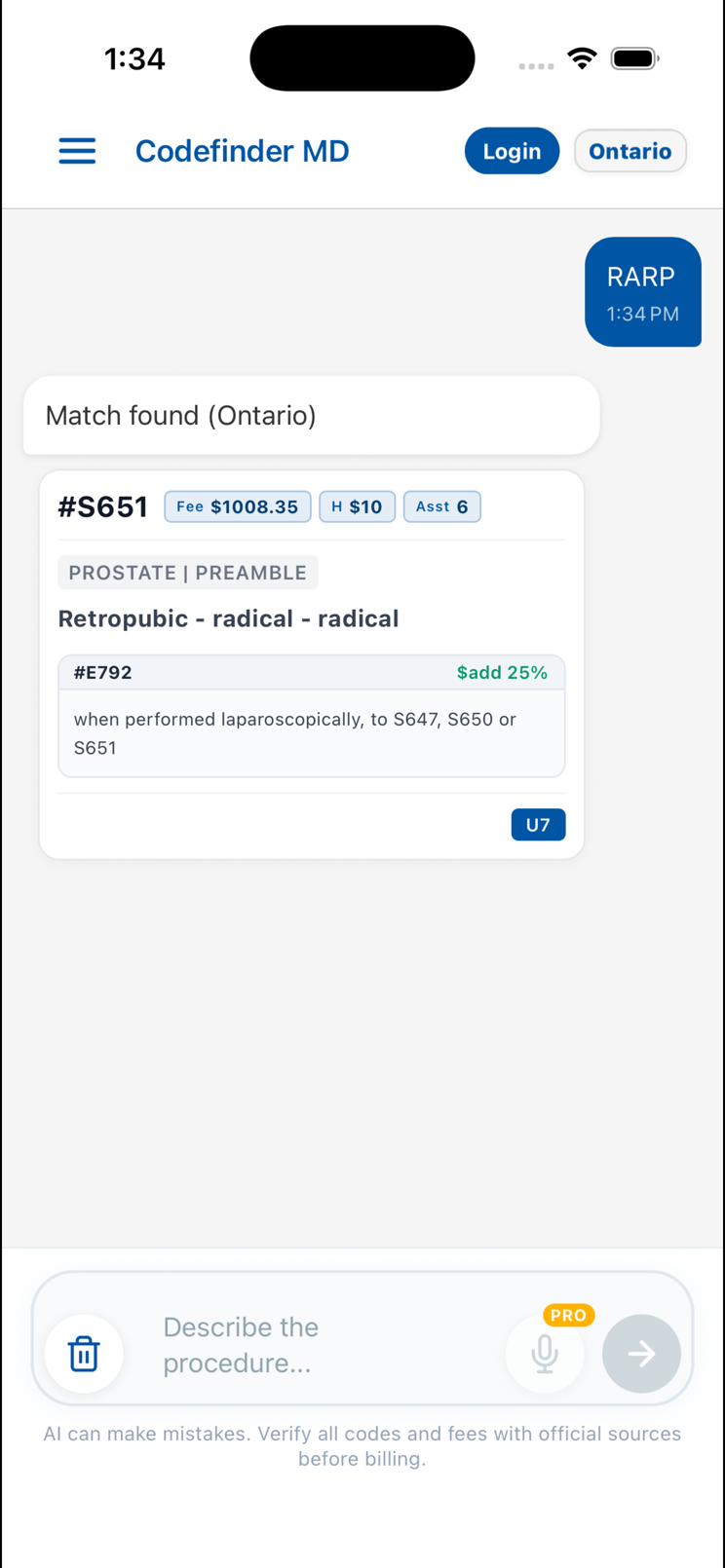 Codefinder MD showing a billing code result for a plain-language search